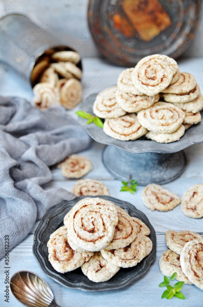 Round cinnamon cookies on a light background