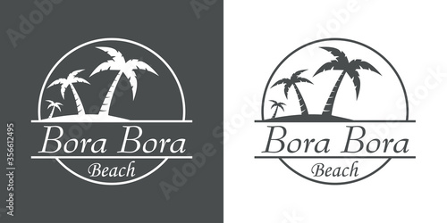 Símbolo destino de vacaciones. Icono plano texto Bora Bora Beach en círculo con playa y palmeras en fondo gris y fondo blanco