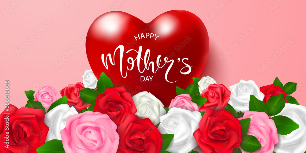 Modern illustration of happy mother's day with roses and heart, vector illustration for cards, banners, tickets