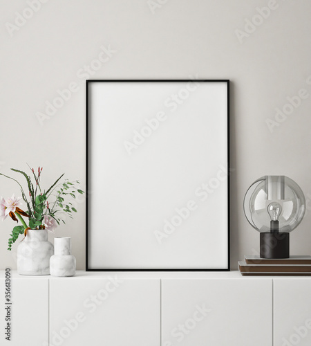 mock up poster frame in modern interior background, close up, living room, Scandinavian style, 3D render, 3D illustration