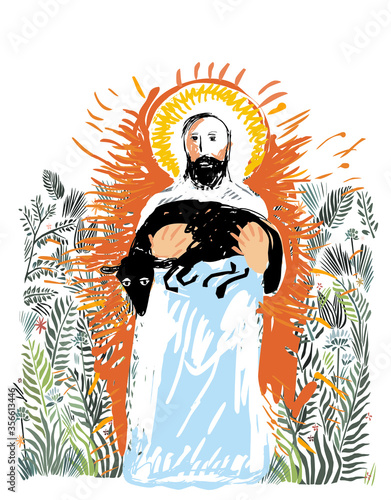 Jesus Christ with the lost sheep. The good shepherd. 