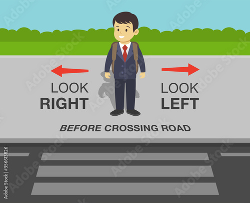 School kid is going to cross the road. Look right, look left safety rule. Flat vector illustration.