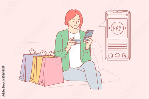 Shopping, technology, quarantine concept. Young happy woman girl cartoon character buying clothes foodstuff remotely with plastic card and smartphone. Online customer service on coronavirus lockdown.