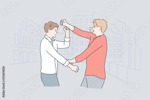 Quarrel, struggle, violence, aggression concept. Young angry furious men boys enemies cartoon characters yelling arguing fighting on street. Aggressive and violent behaviour and confict or rivalry.
