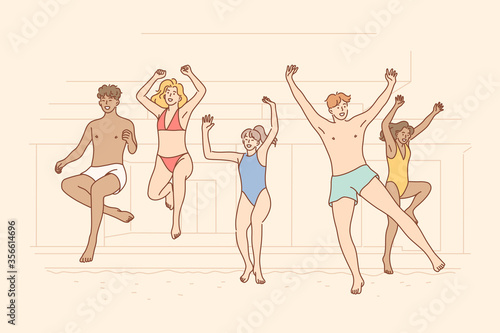 Summer, party, fun, holiday concept. Young happy people men women boys girls friends teenagers having fun at pool jumping in water together. Active lifestyle weekend vacation recreation illustration.