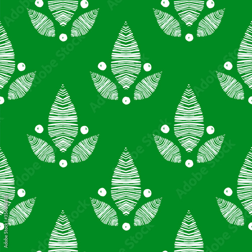 Seamless pattern with leaves and berries. Floral print with foliage. Design element, graphic green wallpaper, hand drawn texture with a leaf for fabric, .textile industry, wrapping paper, home decor.