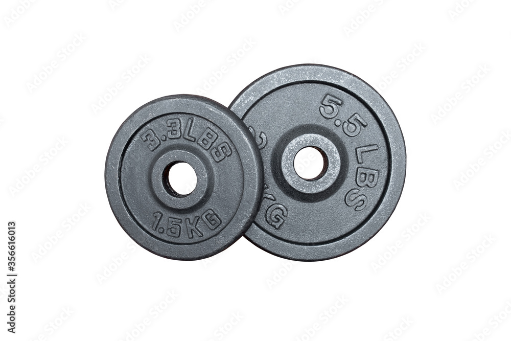 Weight for sport isolated on white background. Gym equipment 1.5, 2.5 kilograms (kg.) Black metal barbell tool plate for exercise and fitness. Two dumbbell heavy concept. Weight for sport isolated on white background. Gym equipment 1.5, 2.5 kilograms (kg.) Black metal barbell tool plate for exercise and fitness. Two dumbbell heavy concept.