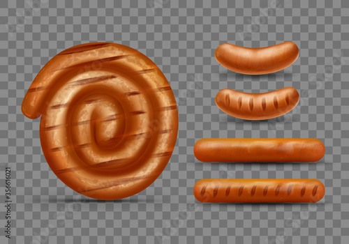 Realistic vector illustration of pork or beef grill sausages set, isolated on dark transparent background. Classic BBQ sausages and rolled in coil fried on barbecue. Tasty unhealthy meat food.