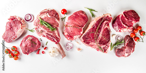 Canvas Print Set of various classic, alternative raw meat, veal beef steaks - chateau mignon, t-bone, tomahawk, striploin, tenderloin, new york steak