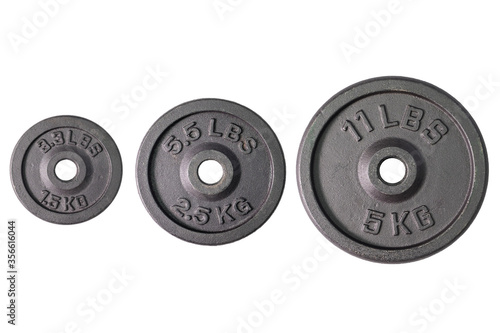 Weight for sport isolated on white background. Gym equipment 1.5, 2.5, 5 kilograms (kg.) Black metal barbell tool plate for exercise and fitness. Three dumbbell heavy concept.