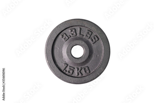 Weight for sport isolated on white background. Gym equipment 1.5 kilograms (kg.) Black metal barbell tool plate for exercise and fitness. Dumbbell heavy concept. photo