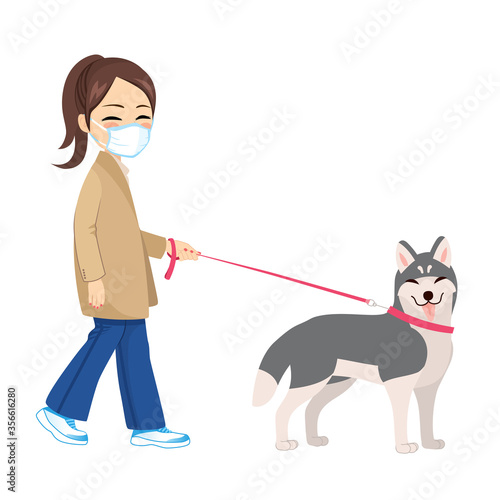 Young woman walking dog with medical mask coronavirus pandemic concept