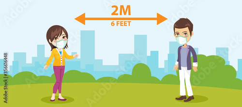 New normal two meters six feet physical distance between people social distancing concept