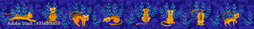 Long web banner with cute cartoon leopards. Social media cover image. Flat vector illustration.