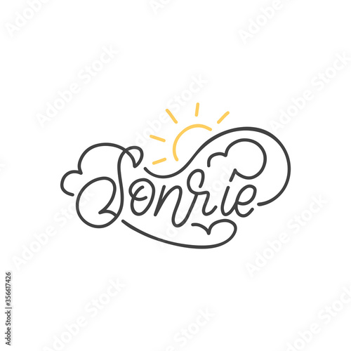 Sonrie hand lettering, spanish translation of Smile phrase. Monoline calligraphy in vector.