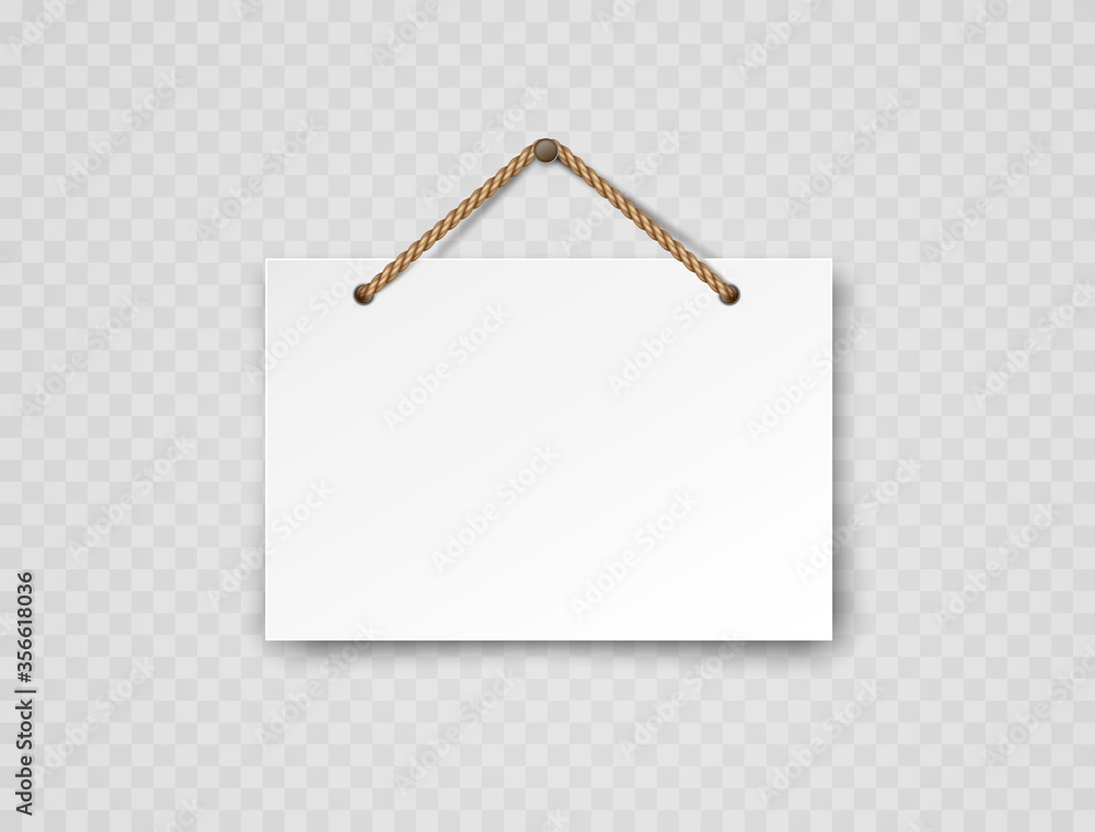 Signboard with rope isolated on transparent background. White blank retail frame. Open, welcome or closed banner on shop door. Entrance store element design Signboard with rope isolated on transparent background. White blank retail frame. Open, welcome or closed banner on shop door. Entrance store element design
