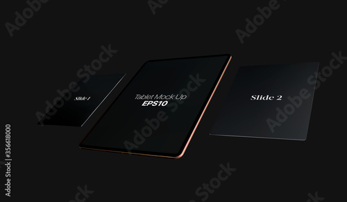 Golden vector digital tablet mock up isolated on black background. Modern gold tablet mockup EPS10