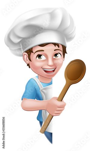 A kid cartoon boy chef, cook or baker child peeking around a sign and pointing at it with a wooden spoon