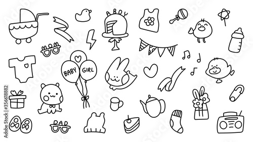 Baby shower cute doodle vector set. Hand drawn design for baby shower greeting card, Holiday card, scrapbook, print. Vector illustration.