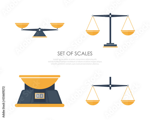 Set of three scales. Bowls of scales in balance and imbalance. Libra. Vector.