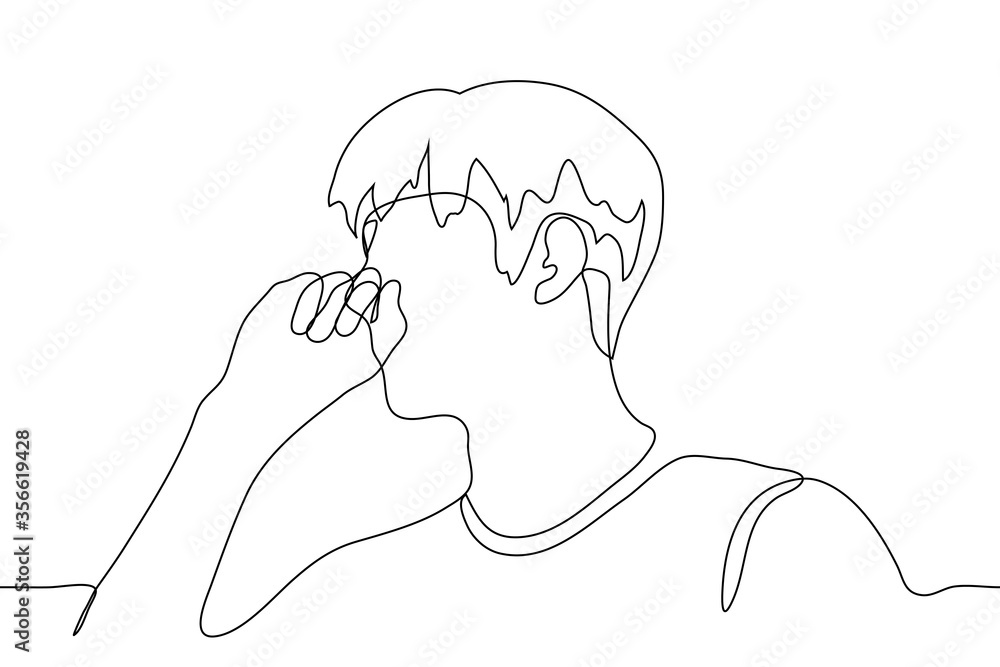 Portrait of a man in profile with a fist at his mouth. One continuous line art guy coughs into a fist, yawns hiding behind his fist, cover his mouth from surprise with surprise Portrait of a man in profile with a fist at his mouth. One continuous line art guy coughs into a fist, yawns hiding behind his fist, cover his mouth from surprise with surprise