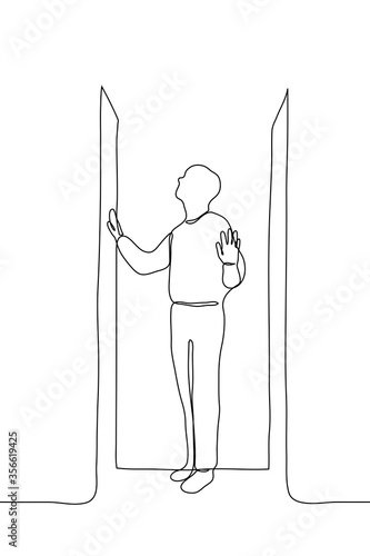 full-length man is standing in a transparent, closed box, he is looking upward and with his hands he is feeling the walls of the box from the inside. One continuous line art concept of hermit, boycott