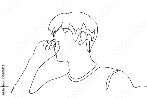 Portrait of a man in profile with a fist at his mouth. One continuous line art guy coughs into a fist, yawns hiding behind his fist, cover his mouth from surprise with surprise