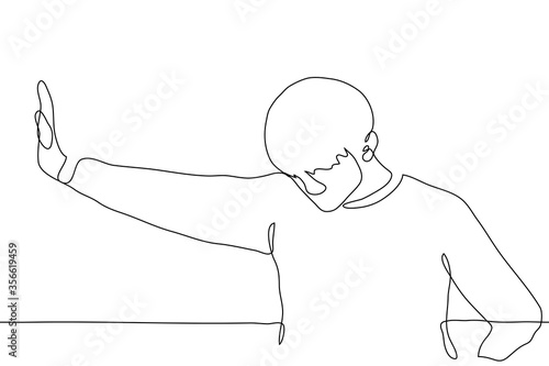 A man stands with his head down and rests his right hand on the wall. One continuous line art concept of fatigue, impotence, despair, perplexity