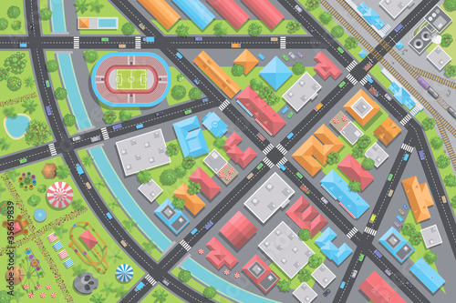 Vector illustration. City view from above. Streets, houses, buildings, roads, crossroads, park, station, stadium, trees, cars. (top view) 