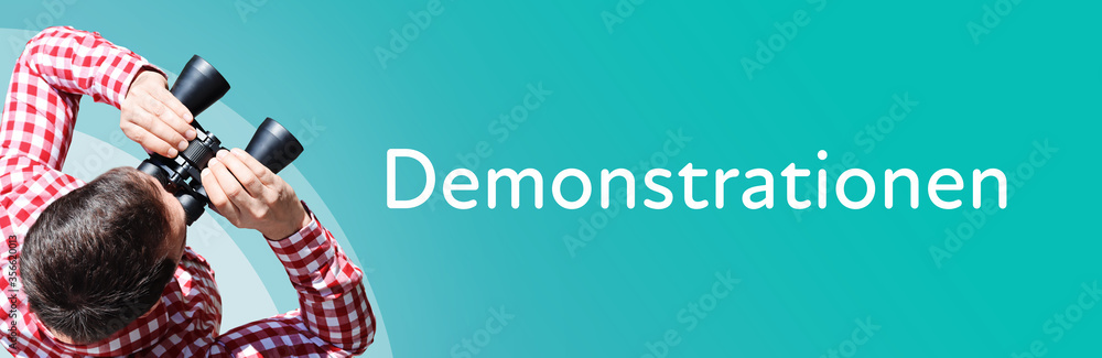 Naklejka premium Demonstrationen. Mann mit Fernglas aus Vogelperspektive. Beobachtung, Draufsicht, Panorama. Business Text auf blau. Statistik, Wirtschaft
