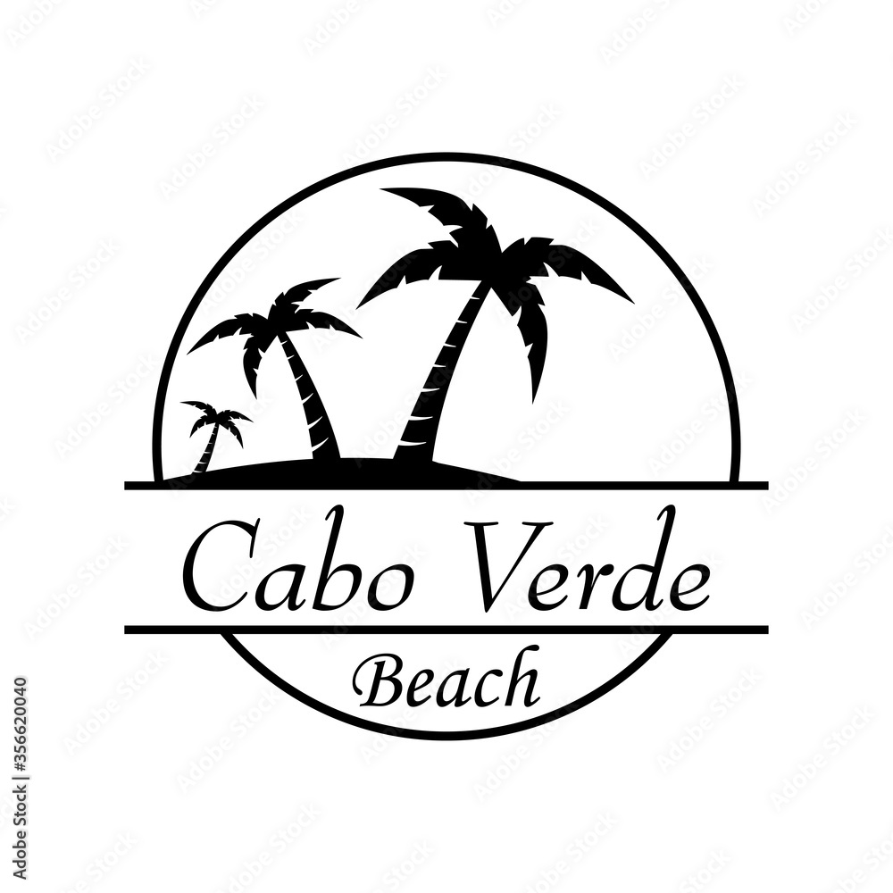 Símbolo destino de vacaciones. Icono plano texto Cabo Verde Beach en círculo con playa y palmeras en color negro