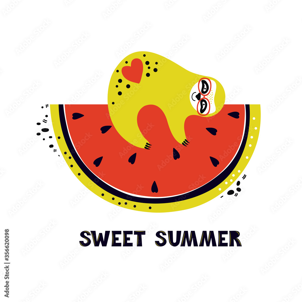 Funny sloth is lying on slice of sweet red watermelon. Summertime and holidays. Cute cartoon animal character loves fresh fruit. Handwritten phrase sweet summer. Hand drawn flat vector illustration. Funny sloth is lying on slice of sweet red watermelon. Summertime and holidays. Cute cartoon animal character loves fresh fruit. Handwritten phrase sweet summer. Hand drawn flat vector illustration.