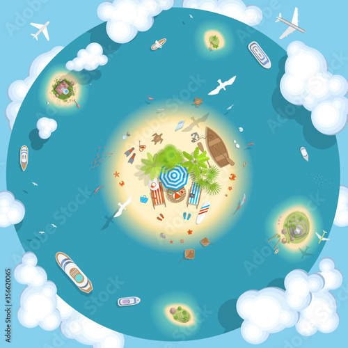 Fototapeta Naklejka Na Ścianę i Meble -  Vector illustration. The islands and ships. (top view) Summer time.  
A romantic vacation on the island in the sea. (View from above)
Time to travel - sun, sea, island, sand, yacht, airplane, clouds. 