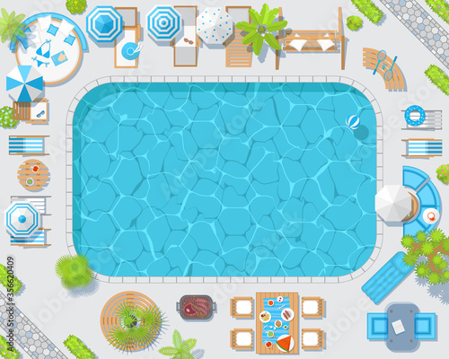 Vector illustration. Sunny patio with pool view from above. Summertime - umbrellas, path, swing, grill, palm, sunbeds, chairs, tables. (Top view) 