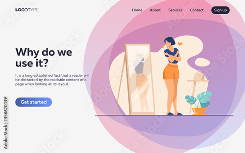 Narcissist lady standing at mirror and looking at reflection of her back. Young woman trying shirt on, hugging herself. Vector illustration for self love, self-esteem, female behavior concept