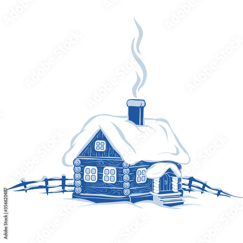 stylized picture in blue, hut in the snow, smoke comes from the chimney, snow lies on the roof, small fence, winter, loneliness, cold, frost, new year, isolated object on a white background, 
