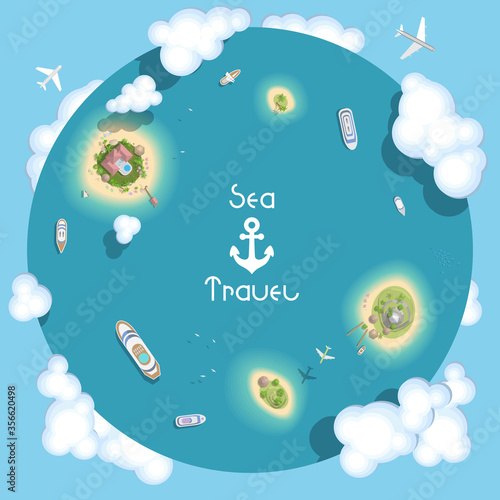 Vector illustration. Summer vacation. The islands and ships. (Top view) Time to travel - sun, sea, island, sand, yacht, airplane, palm, clouds. (View from above)