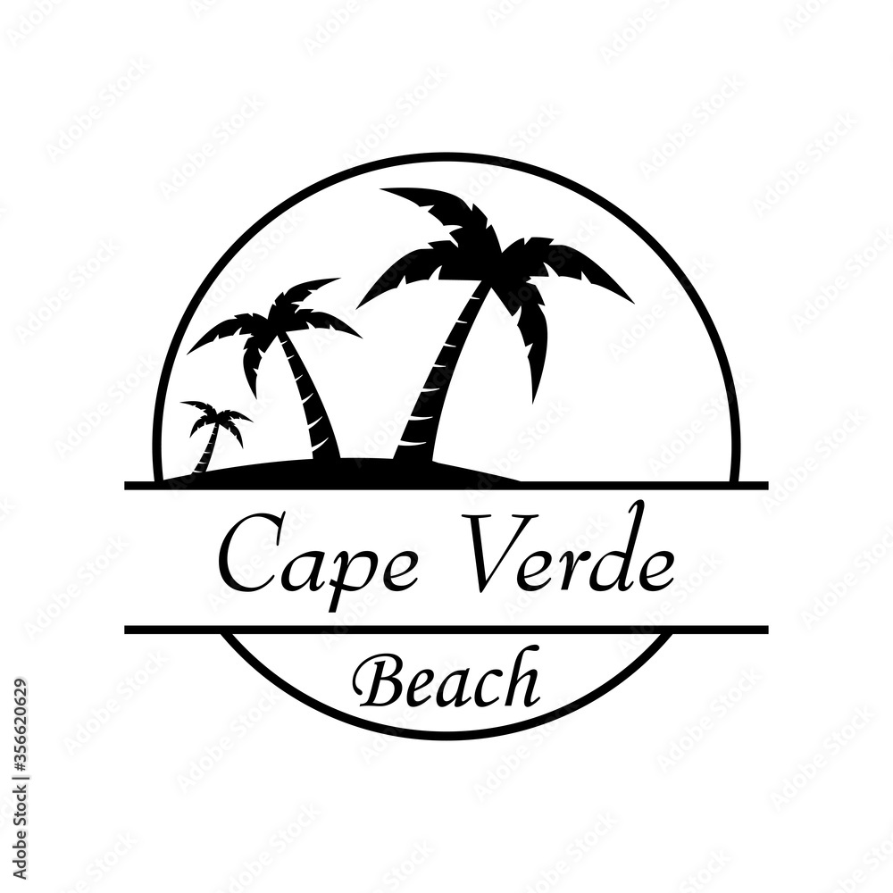 Símbolo destino de vacaciones. Icono plano texto Cape Verde Beach en círculo con playa y palmeras en color negro