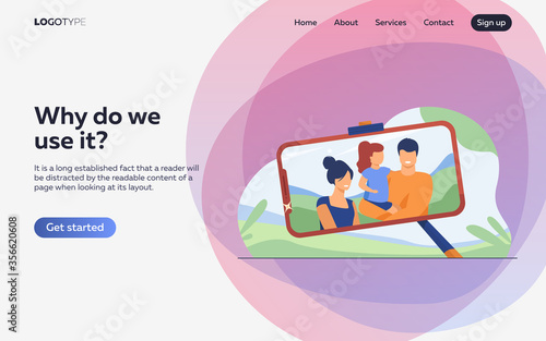 Family selfie photo on phone screen. Parents and kid using smartphone and monopod for taking self portrait outdoors. Vector illustration for leisure, camera, technology concept