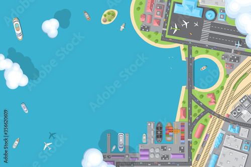 Vector illustration. Port, airports, roads, railways. Top view. Travel, transportation, trucking, logistics. View from above.  