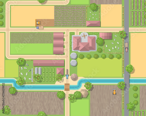 Seamless pattern. Farm view from above. Fields, houses, buildings, roads, trees, bushes, river. (Top view) 