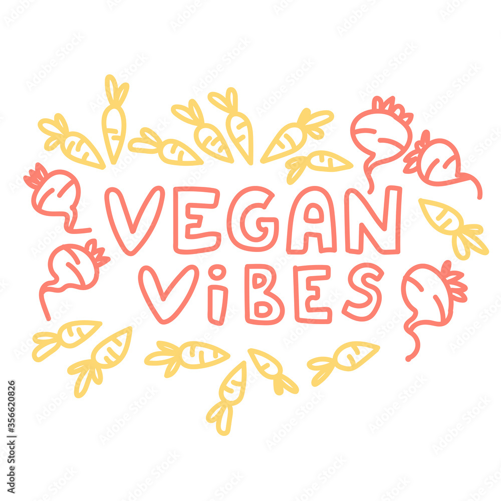 Vegan Vibes. Sign with carrots. Frame for text. Vegan slogan for package design, web, print t-shirt, logo, poster, symbol, design Vegan Vibes. Sign with carrots. Frame for text. Vegan slogan for package design, web, print t-shirt, logo, poster, symbol, design