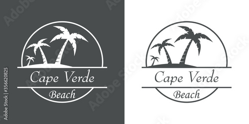 Símbolo destino de vacaciones. Icono plano texto Cape Verde Beach en círculo con playa y palmeras en fondo gris y fondo blanco