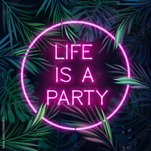 Tropical glowing neon frame. Dark night jungle palm leaves. Summer vector party background illustration.