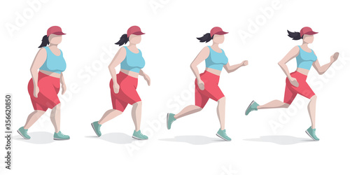 Fat woman lose weight while running or jogging. Running girl is loosing weight. Woman Body Transformation Concept. Isolated flat vector illustration