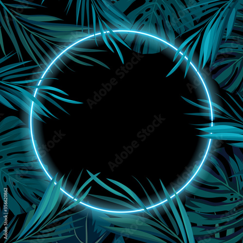 Tropical glowing neon frame. Dark night jungle palm leaves. Summer vector background illustration.