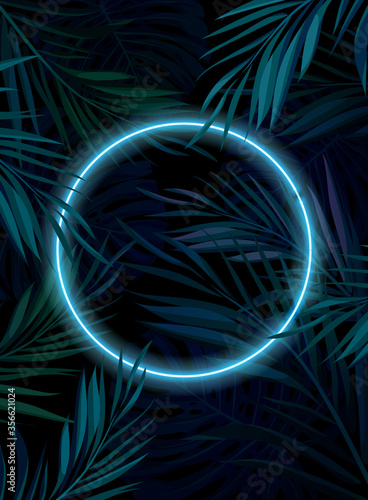 Tropical glowing neon frame. Dark night jungle palm leaves. Summer vector background illustration.