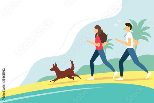 Woman and man running with the dog on the beach. Summer vector illustration in flat style. 