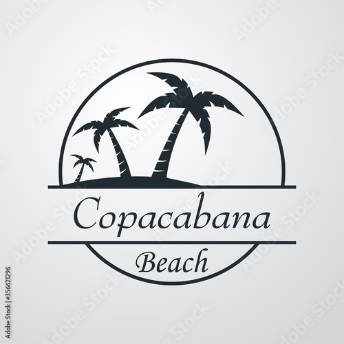 Símbolo destino de vacaciones. Icono plano texto Copacabana Beach en círculo con playa y palmeras en fondo gris
