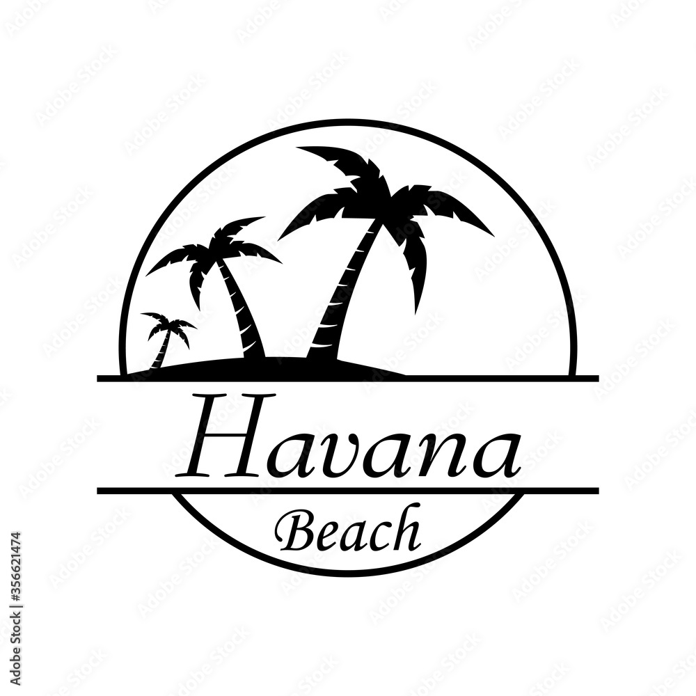 Símbolo destino de vacaciones. Icono plano texto Havana Beach en círculo con playa y palmeras en color negro